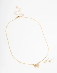 Gold Plated Diamante Butterfly Necklace & Stud Earrings Set