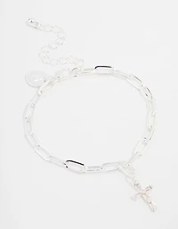 Silver Plated Cross Charm Chain Bracelet