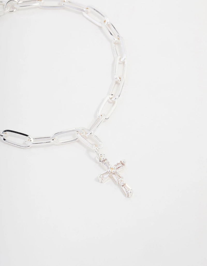 Silver Plated Cross Charm Chain Bracelet
