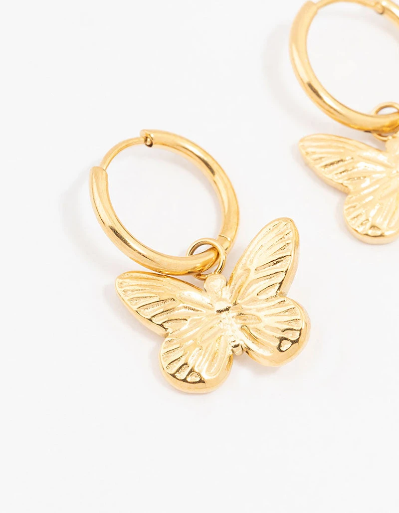 Waterproof Gold Plated Stainless Steel Butterfly Charm Hoop Earrings