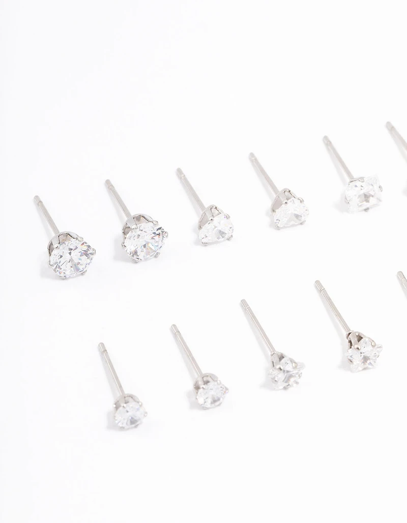 Waterproof Stainless Steel Cubic Zirconia Stud Earrings 6-Pack