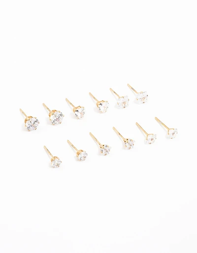 Waterproof Gold Plated Stainless Steel Cubic Zirconia Stud Earrings 6-Pack