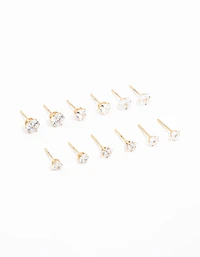 Waterproof Gold Plated Stainless Steel Cubic Zirconia Stud Earrings 6-Pack