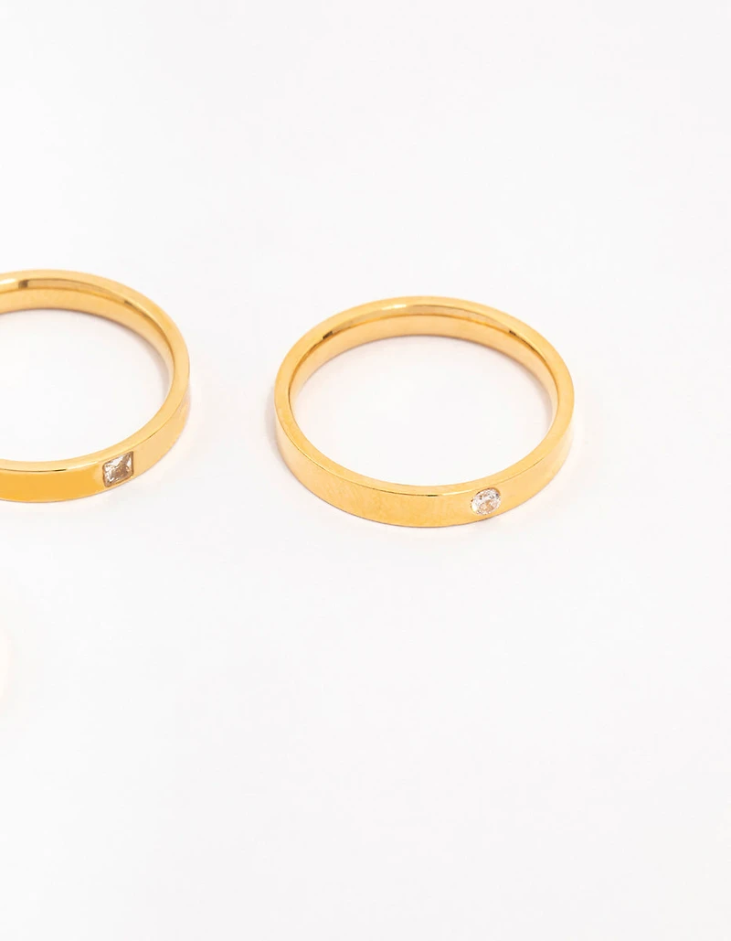 Waterproof Gold Plated Stainless Steel Cubic Zirconia Stacking Rings 3-Pack