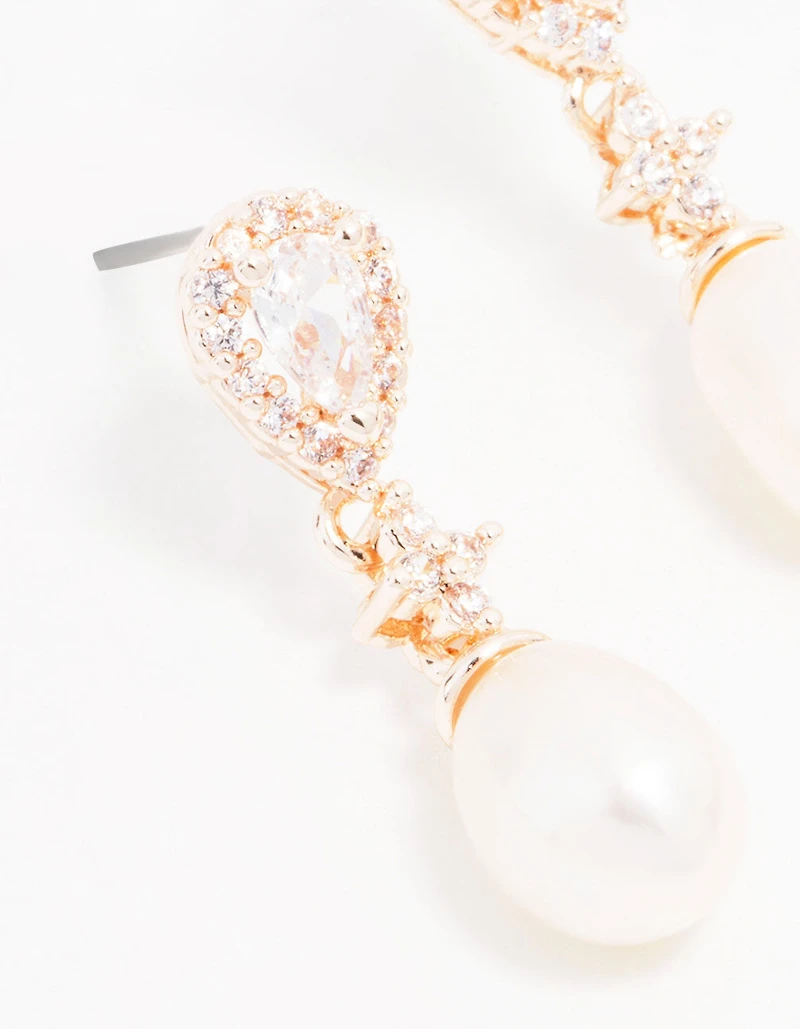 Rose Gold Plated Cubic Zirconia Halo Pearl Drop Earrings