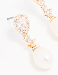 Rose Gold Plated Cubic Zirconia Halo Pearl Drop Earrings
