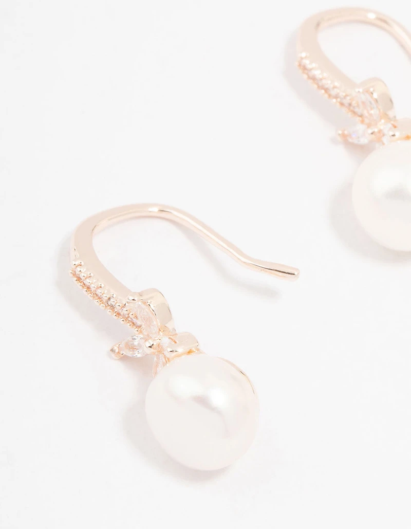 Rose Gold Plated Cubic Zirconia Pave Flower & Pearl Hook Earrings