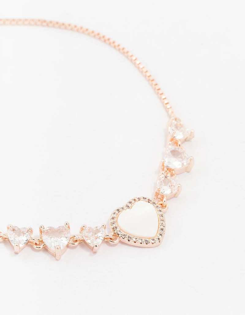 Rose Gold Plated Large Mother of Pearl & Mini Cubic Zirconia Heart Toggle Bracelet