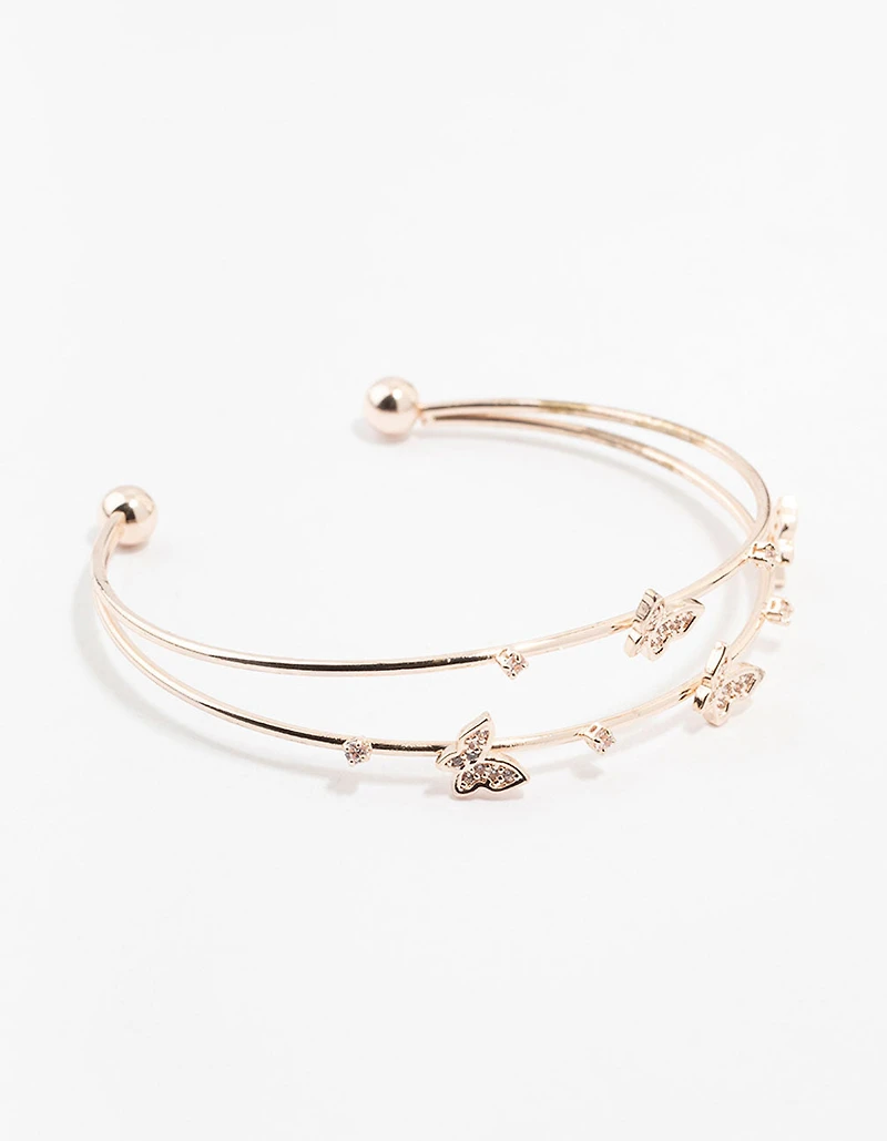 Rose Gold Plated Cubic Zirconia Double Row Butterfly Wrist Cuff