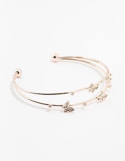 Rose Gold Plated Cubic Zirconia Double Row Butterfly Wrist Cuff