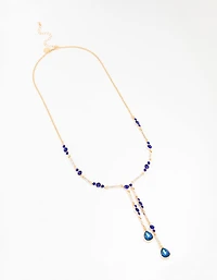 Gold Blue Diamante Y-Necklace