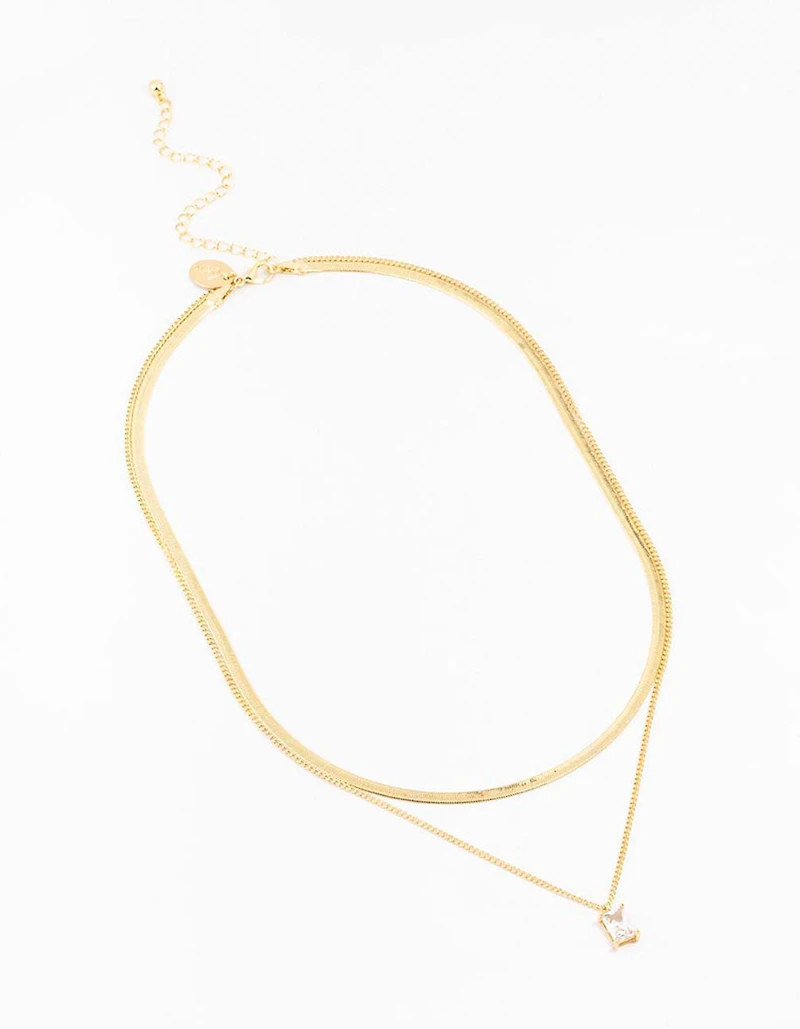 Gold Plated Baguette Snake Pendant Layered Necklace