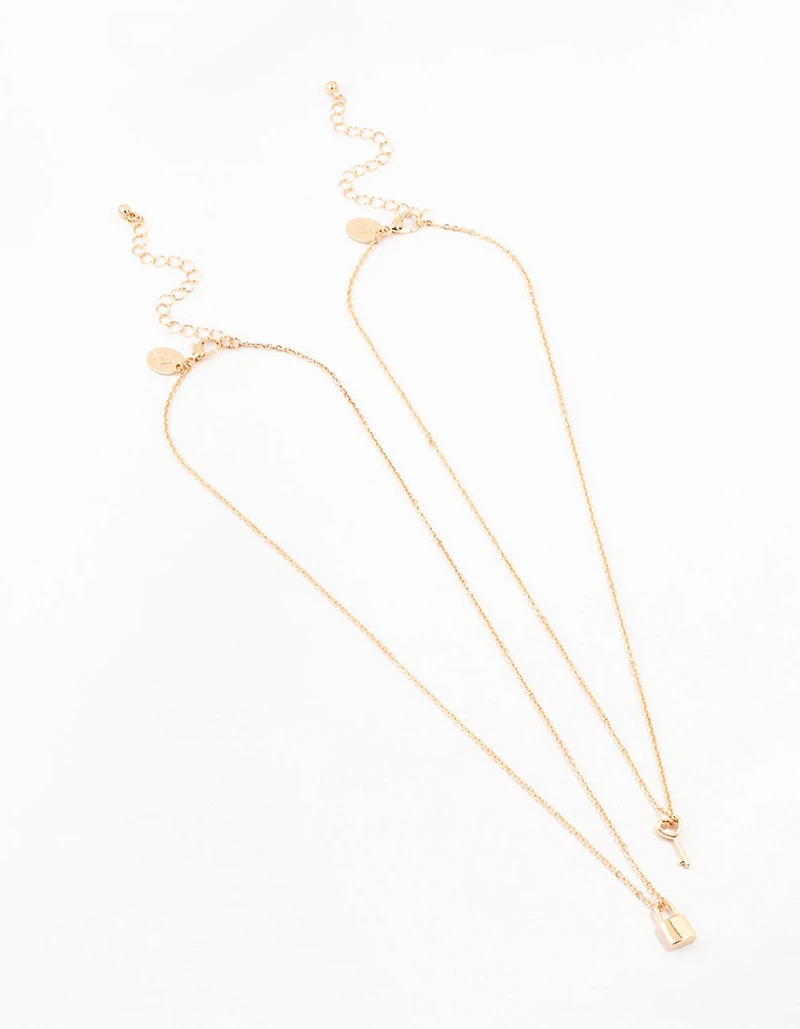 Gold Lock & Key Necklace 2-Pack