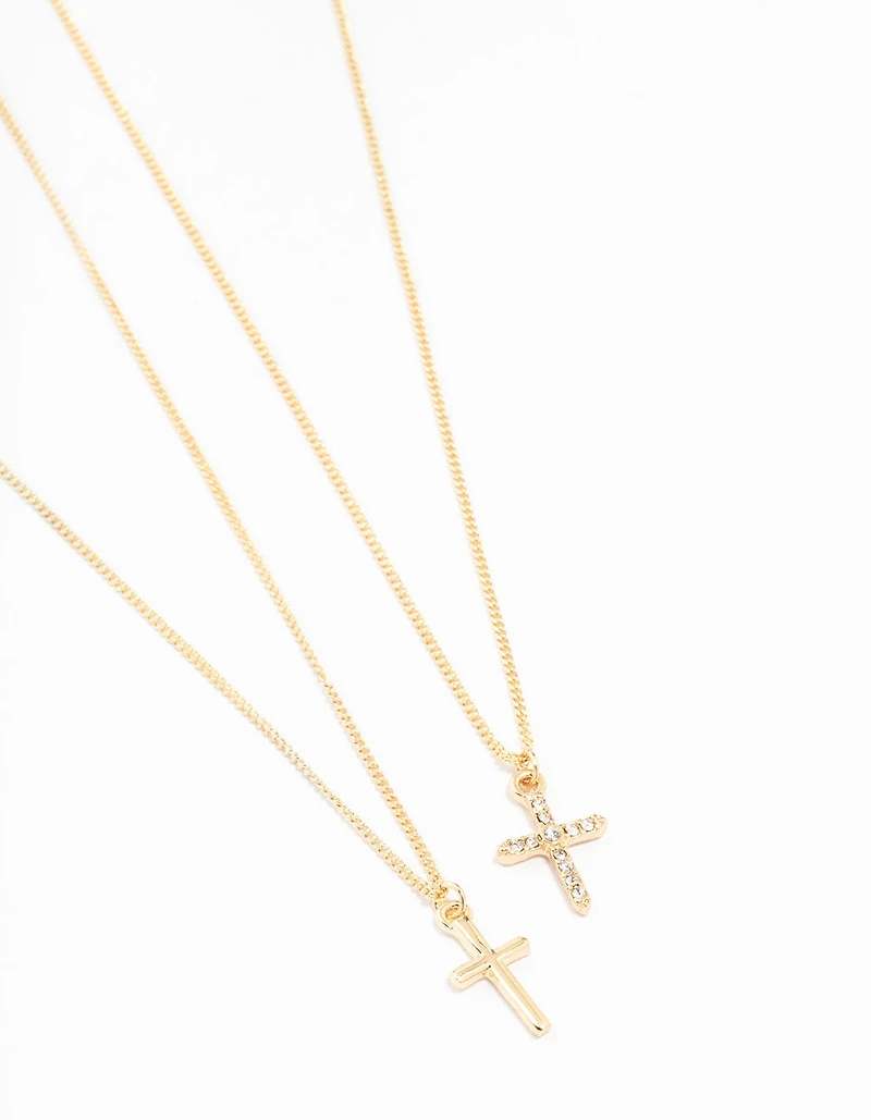 Gold Plain & Diamante Cross Necklace 2-Pack