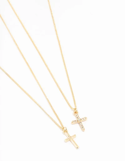 Gold Plain & Diamante Cross Necklace 2-Pack