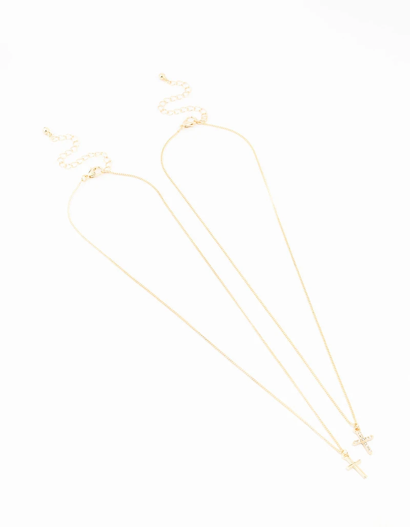 Gold Plain & Diamante Cross Necklace 2-Pack