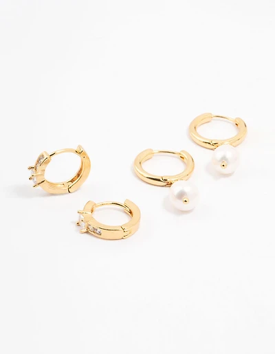 Gold Plated Cubic Zirconia & Freshwater Pearl Huggie Earrings 2-Pack
