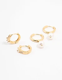 Gold Plated Cubic Zirconia & Freshwater Pearl Huggie Earrings 2-Pack