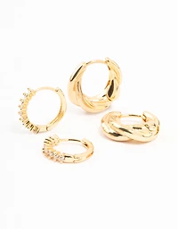 Gold Plated Cubic Zirconia Twist Huggie Earrings 2-Pack