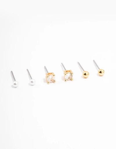 Gold Plated Cubic Zirconia Pearl Ball Stud Earrings 3-Pack