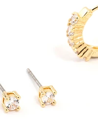 Gold Plated Cubic Zirconia Stud & Small Hoop Earrings 2-Pack