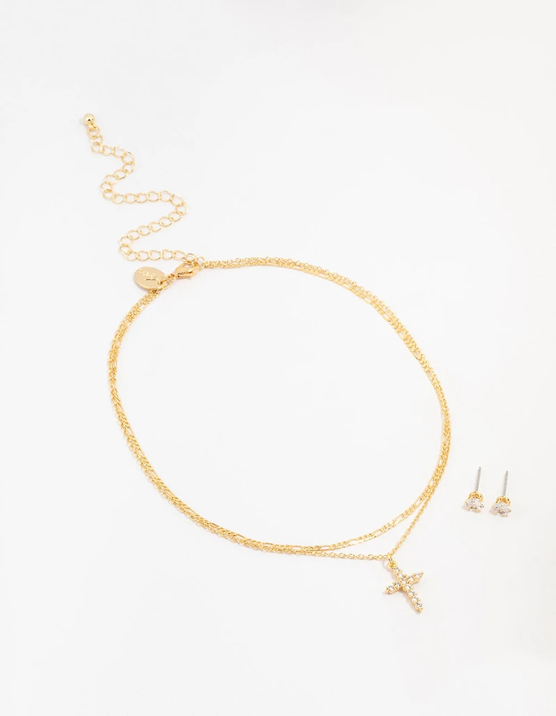 Gold Plated Cubic Zirconia Stud & Cross Necklace Set