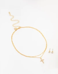 Gold Plated Cubic Zirconia Stud & Cross Necklace Set