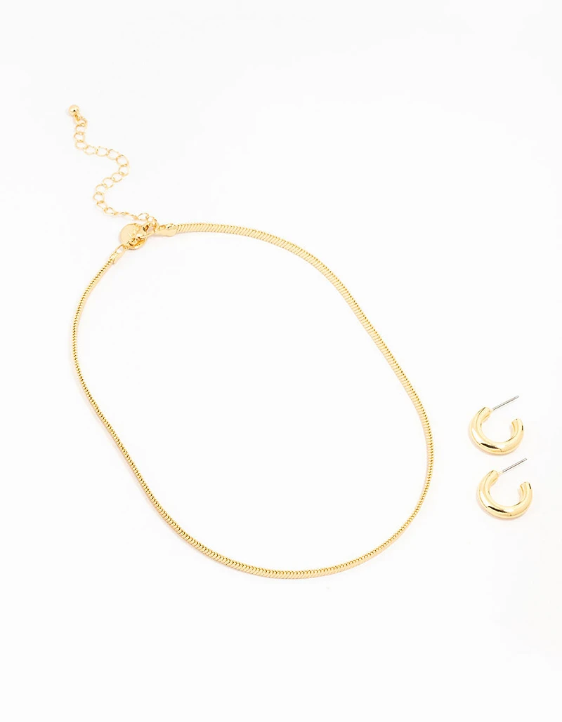Gold Plated Round Hoop Earring & Herringbone Necklace Set