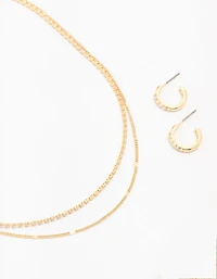 Gold Plated Cubic Zirconia Dainty Hoop & Necklace Set