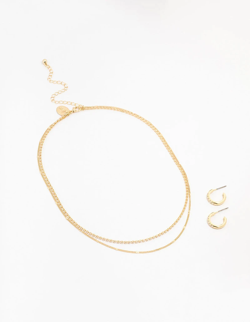 Gold Plated Cubic Zirconia Dainty Hoop & Necklace Set