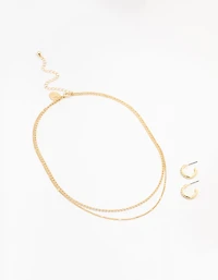 Gold Plated Cubic Zirconia Dainty Hoop & Necklace Set