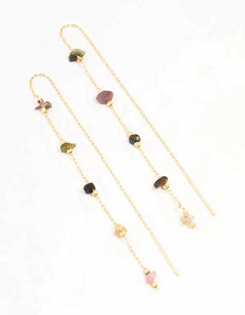 Gold Plated Station Semi Precious Thread Through Earrings