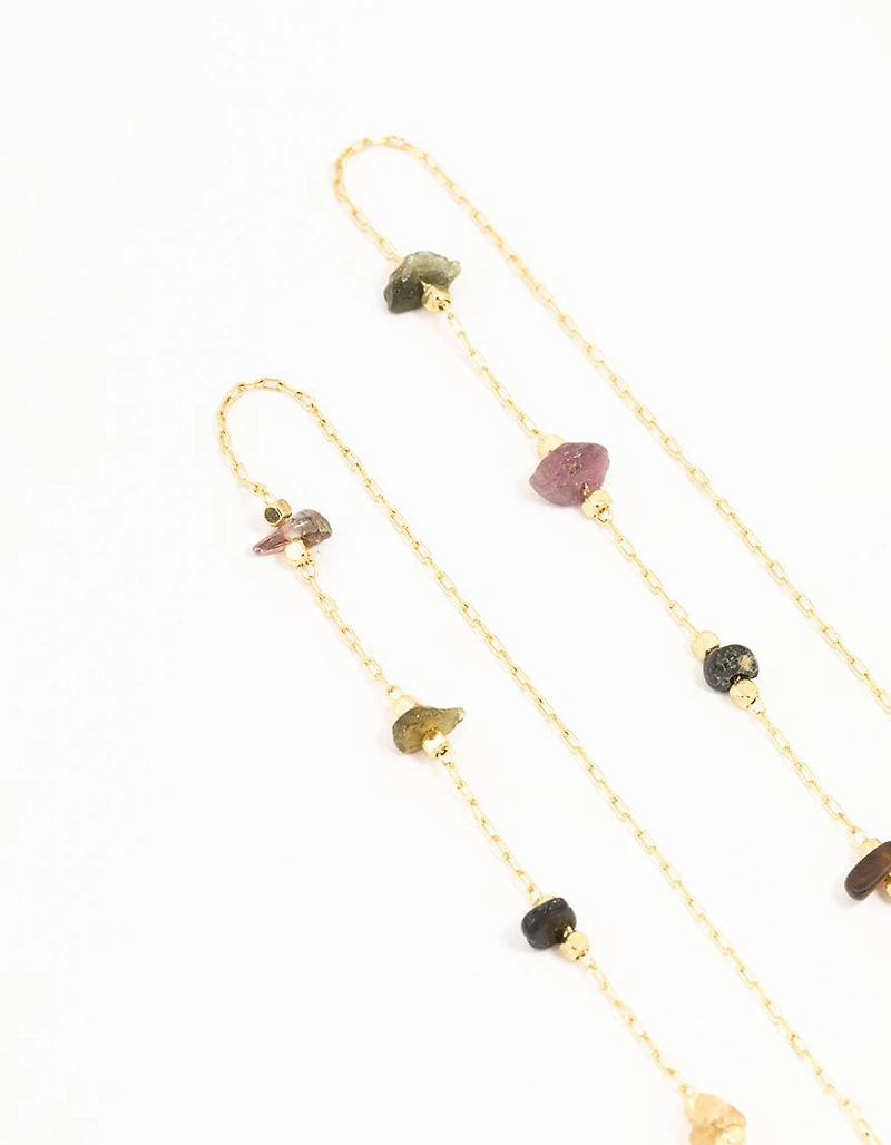 Gold Plated Station Semi Precious Thread Through Earrings