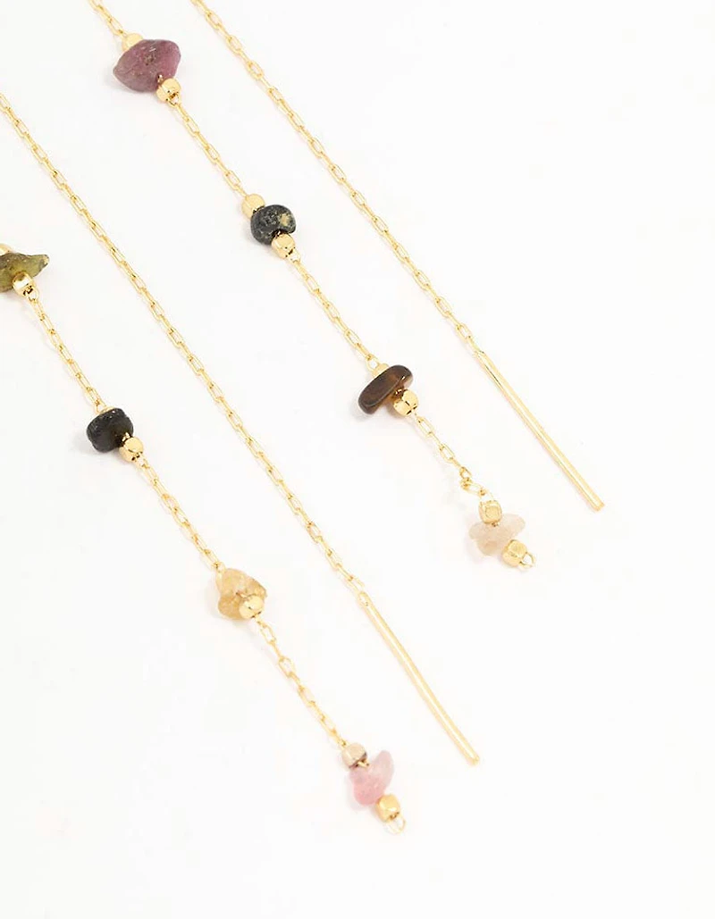 Gold Plated Station Semi Precious Thread Through Earrings