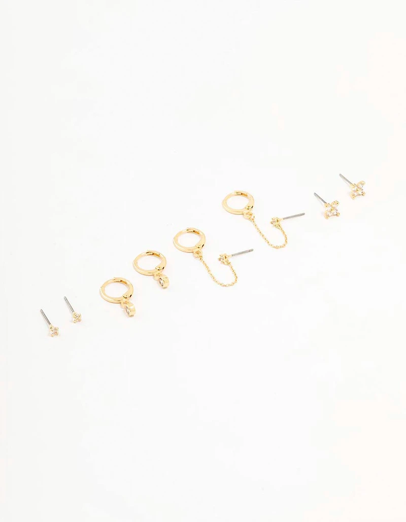 Gold Plated Round Cubic Zirconia & Chain Earrings 5-Pack
