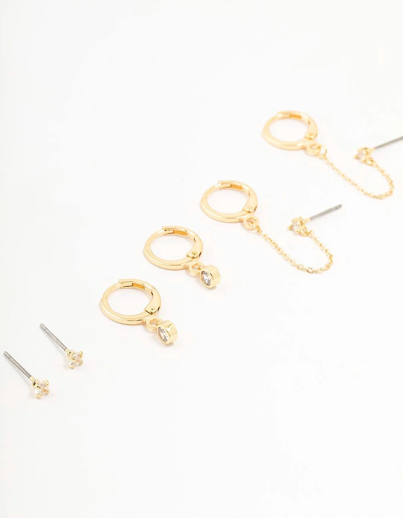 Gold Plated Round Cubic Zirconia & Chain Earrings 5-Pack