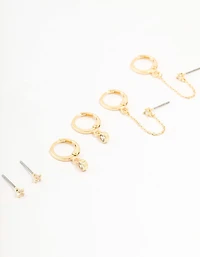 Gold Plated Round Cubic Zirconia & Chain Earrings 5-Pack