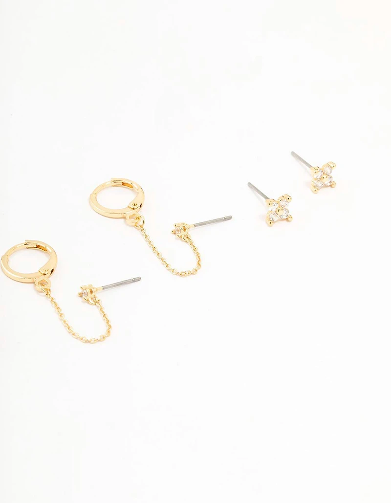 Gold Plated Round Cubic Zirconia & Chain Earrings 5-Pack