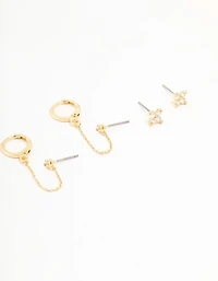 Gold Plated Round Cubic Zirconia & Chain Earrings 5-Pack