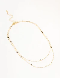 Gold Plated Station Semi Precious Shards And Ball Layered Necklace