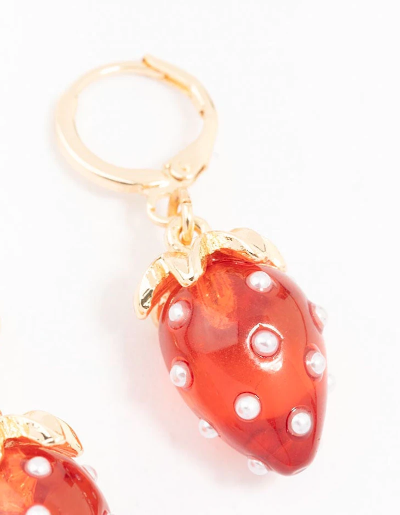 Gold Pearl Strawberry Hoop Earrings