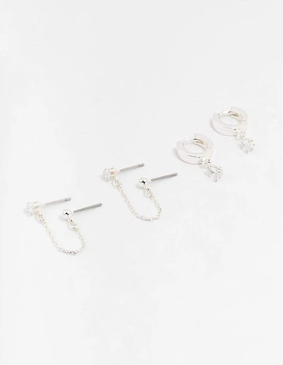Silver Cubic Zirconia Chain Stud & Hoop Earrings 3-Pack