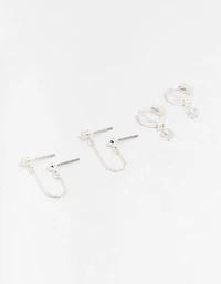 Silver Cubic Zirconia Chain Stud & Hoop Earrings 3-Pack