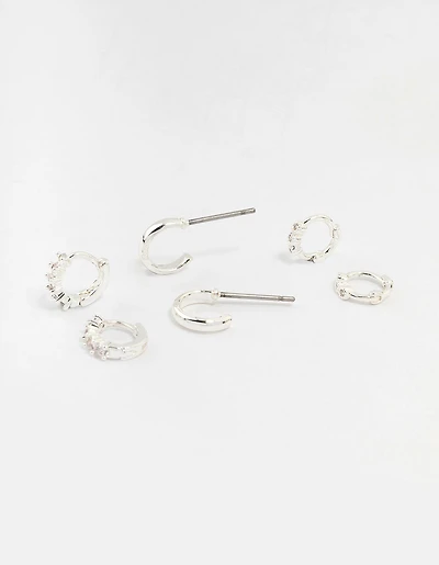 Silver Mixed Diamante Huggie Hoop Earrings 3-Pack