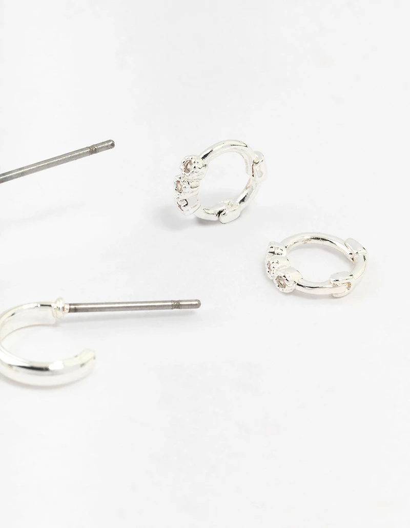 Silver Mixed Diamante Huggie Hoop Earrings 3-Pack