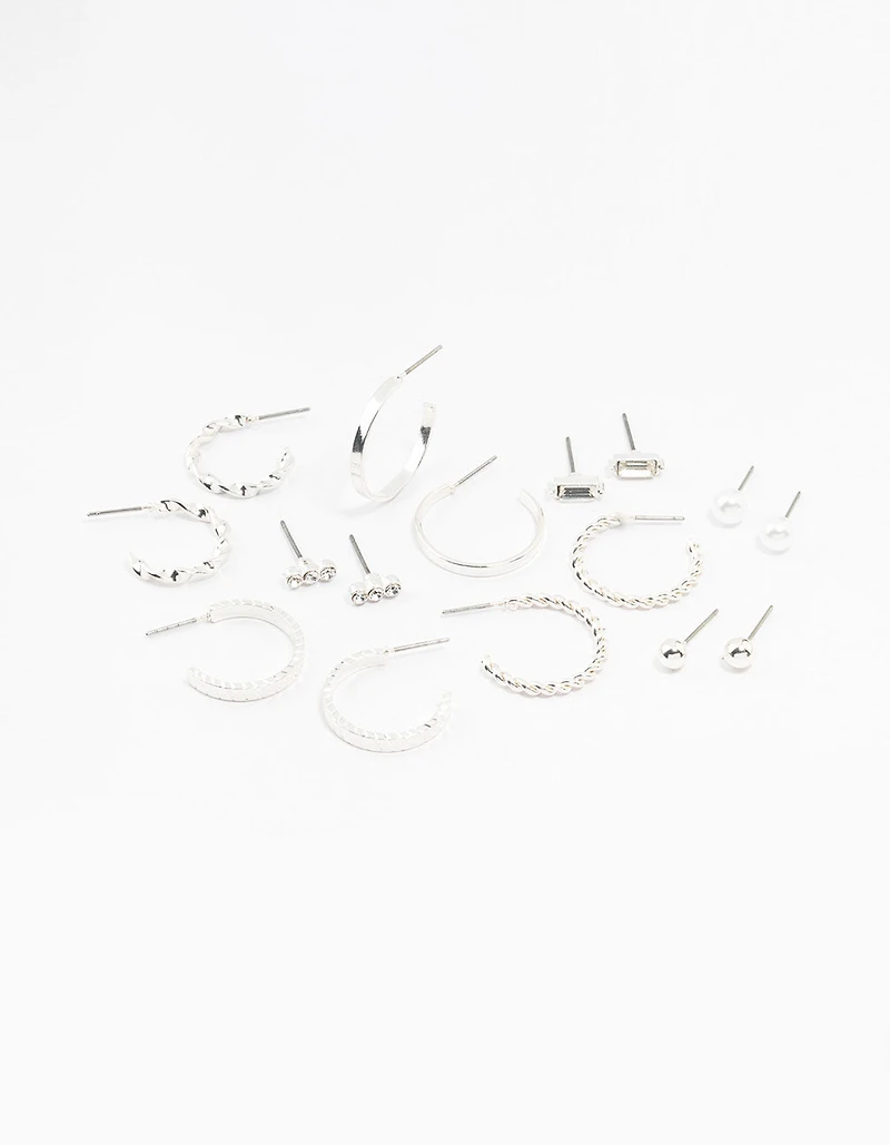 Silver Diamante & Pearl Hoop Earrings 8-Pack