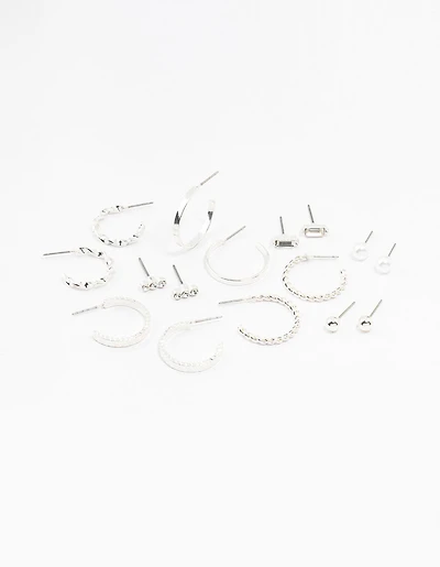 Silver Diamante & Pearl Hoop Earrings 8-Pack
