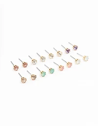 Gold Pastel Diamante Stud Earrings 8-Pack
