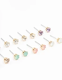 Gold Pastel Diamante Stud Earrings 8-Pack