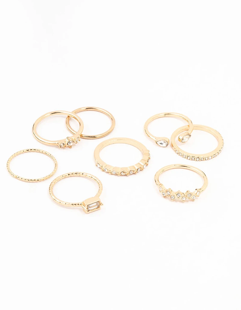 Fine Gold Diamante Ring Pack 8